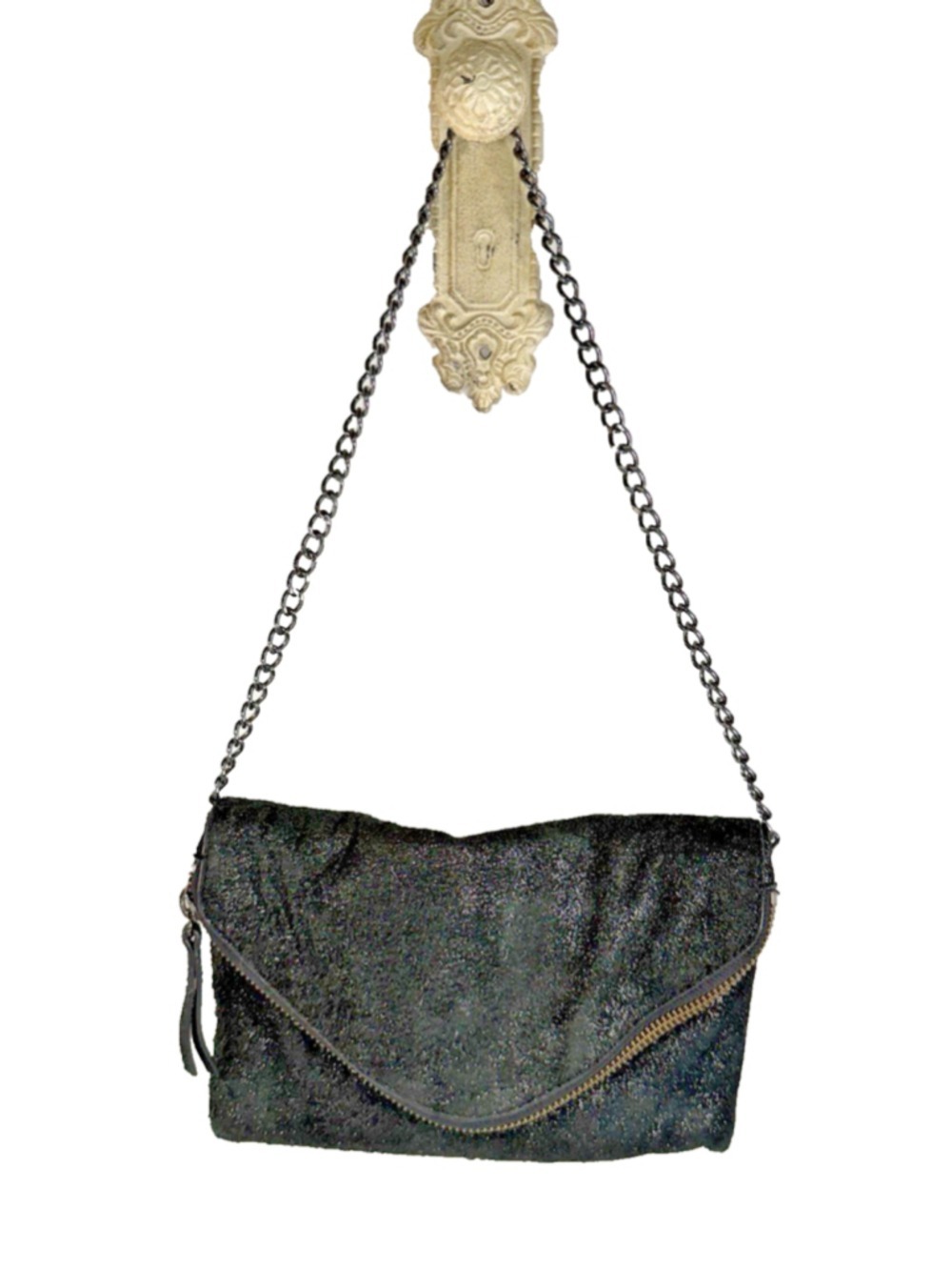 J Crew distressed black chain strap envelope style handbag